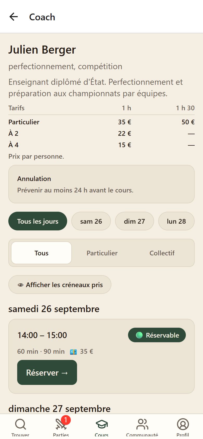 Fiche d'un coach : tarifs par format et par durée, conditions d'annulation et créneaux réservables.