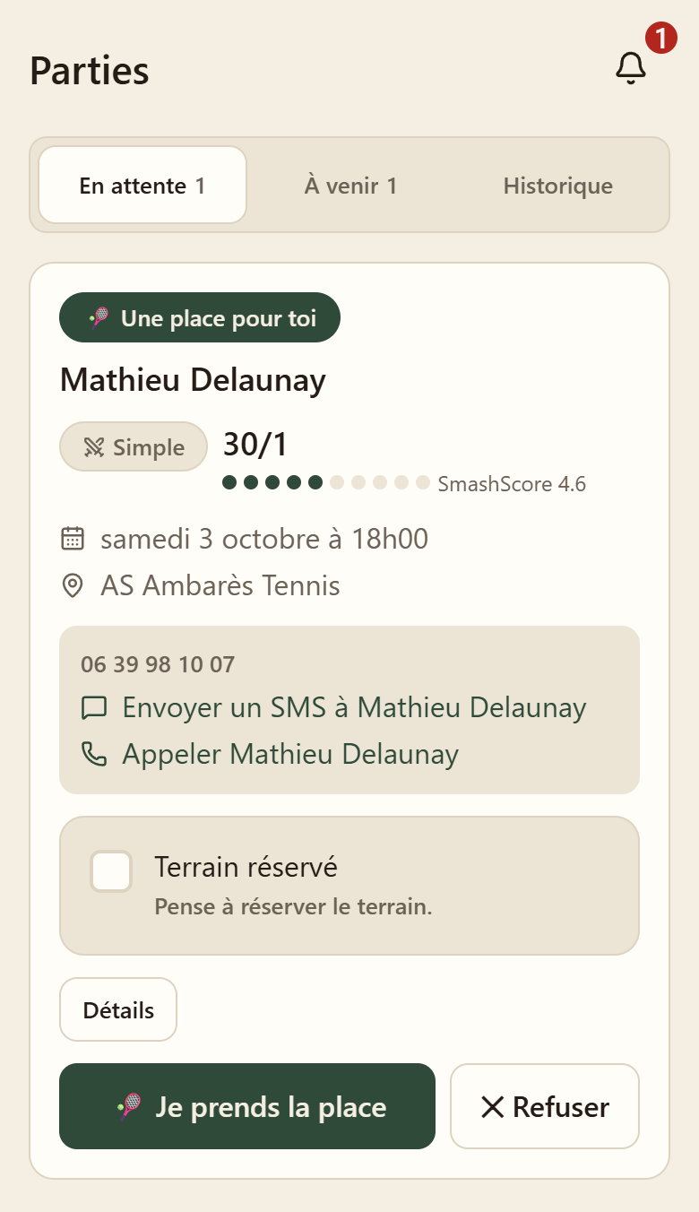 Écran Parties : une place proposée par Mathieu Delaunay pour samedi 3 octobre à 18h00, avec le bouton « Je prends la place ».